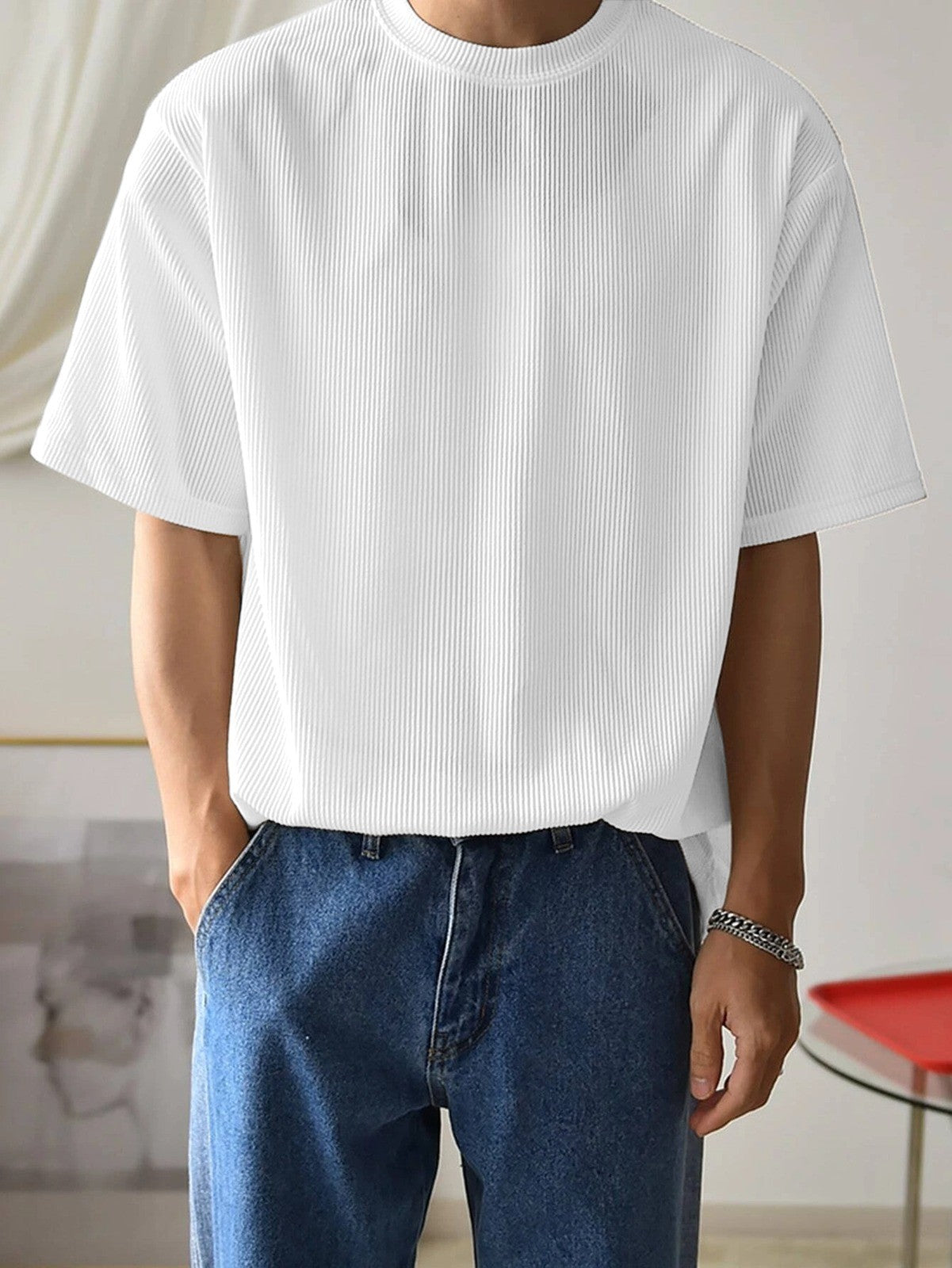 White Fine-Rib Plain T-Shirt