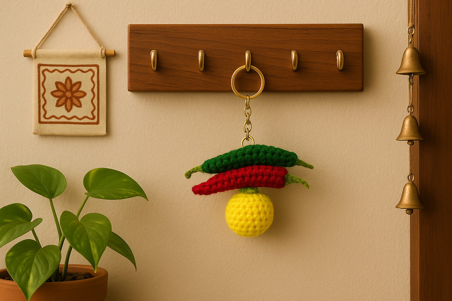 SOE Handmade Nimbu Mirchi Crochet Keychain | Evil Eye Protection Bag Charm