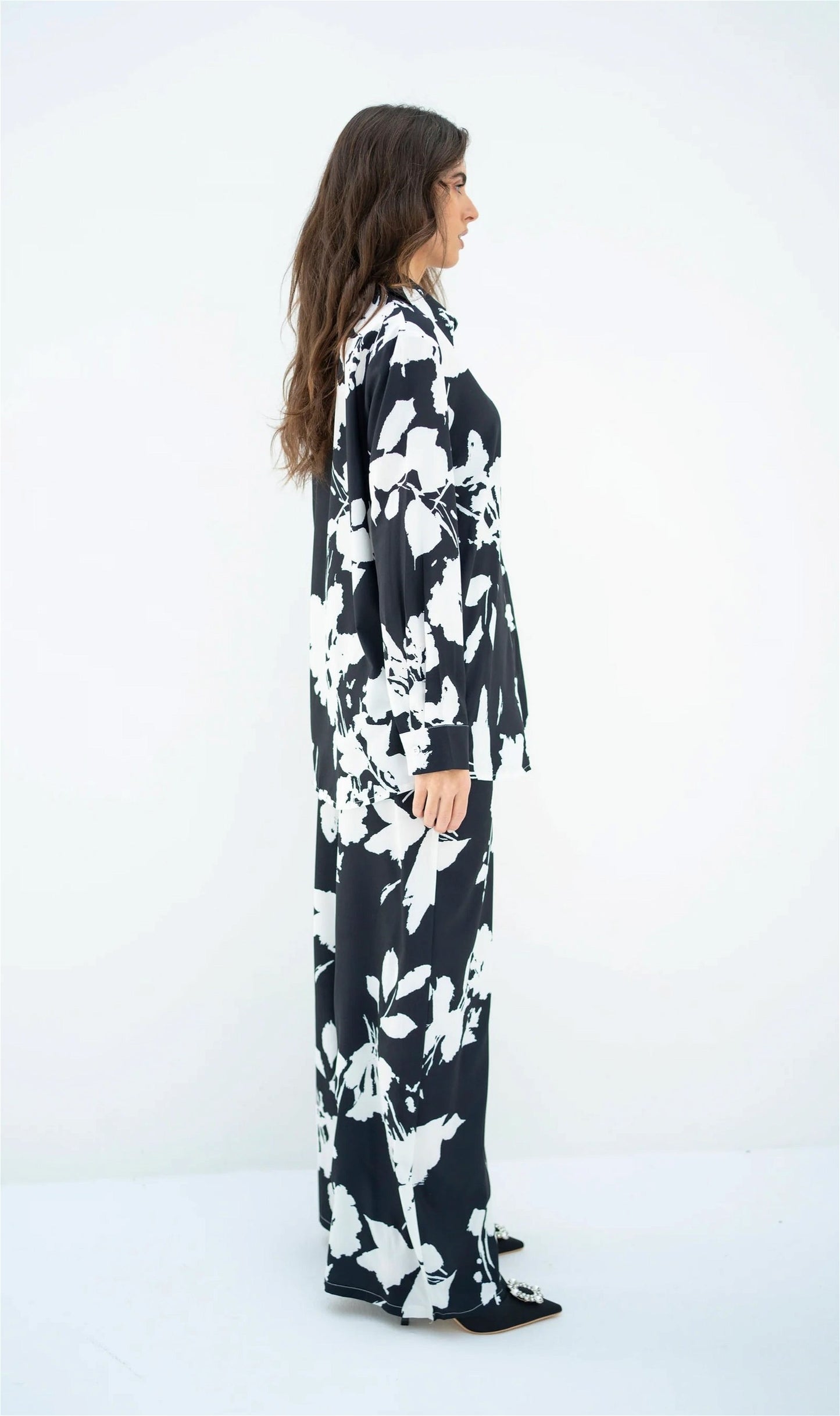 Black Floral Print Korean BSY Classic Co-Ord Set For Women