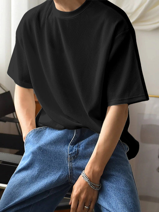 Black Fine-Rib Plain T-Shirt