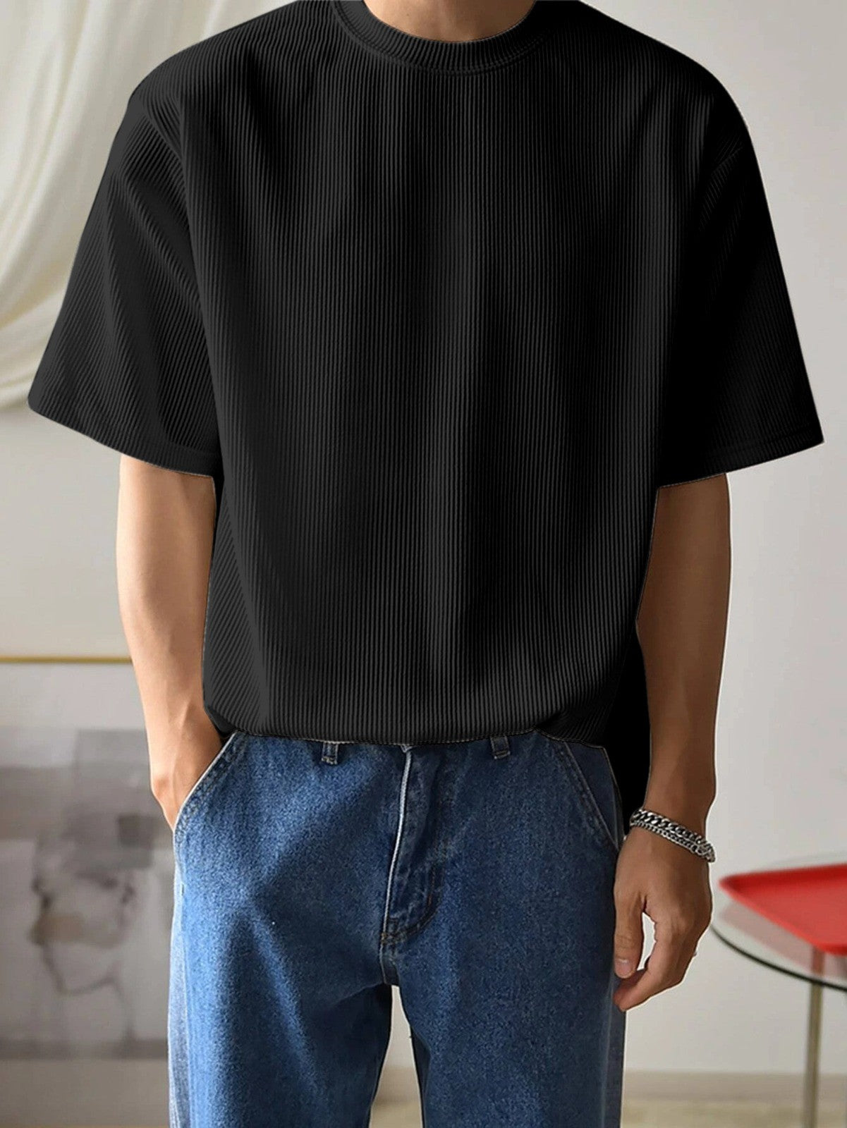 Black Fine-Rib Plain T-Shirt